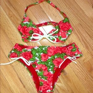 Vintage rose print halter bikini